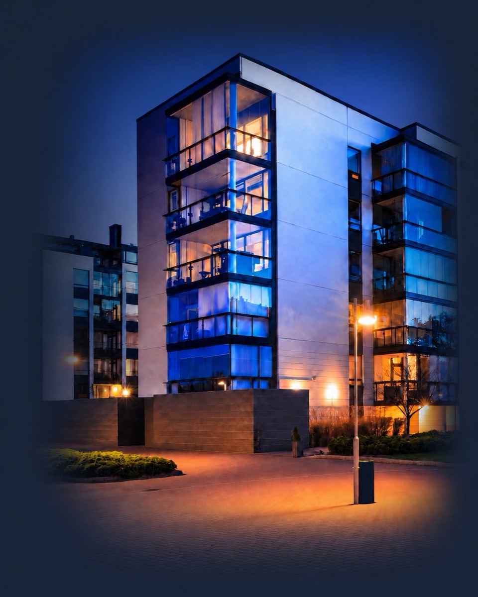 A modern multi-unit residential building at dusk