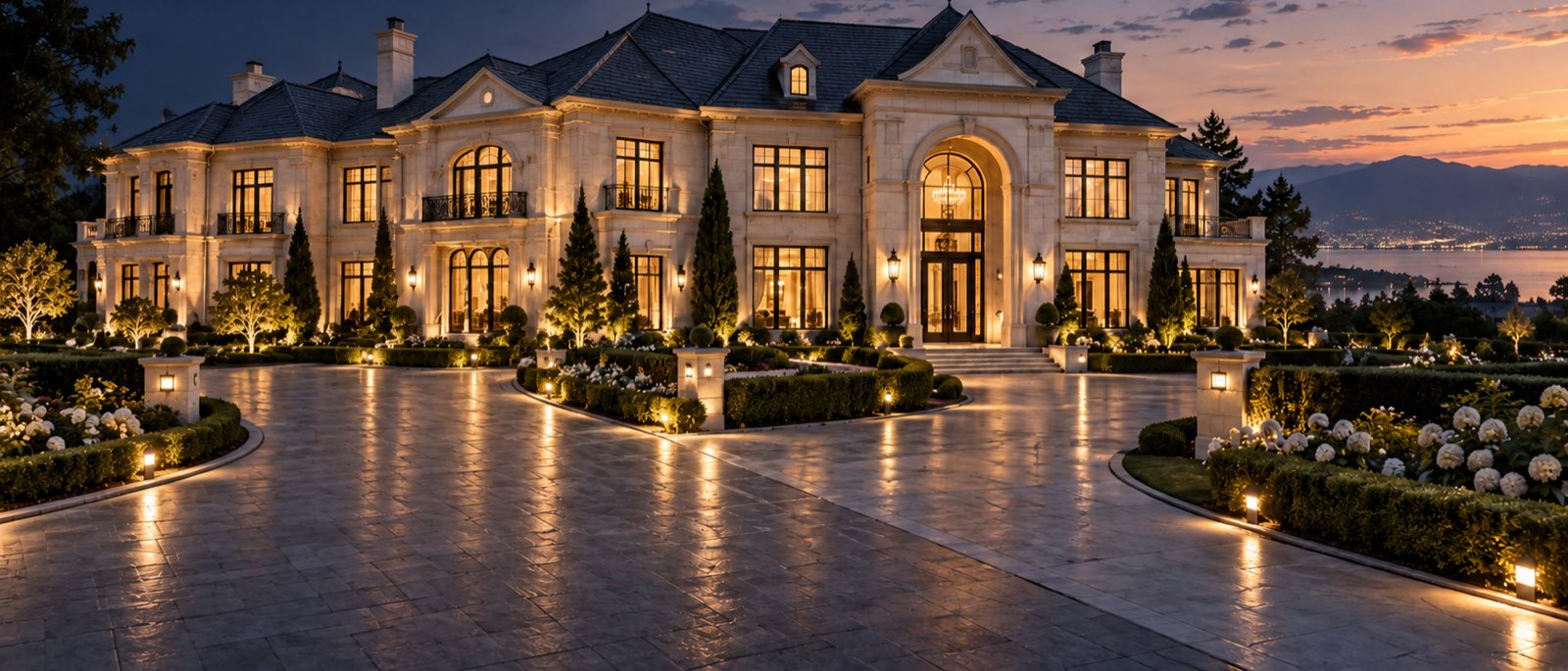 A large illuminated estate home at dusk